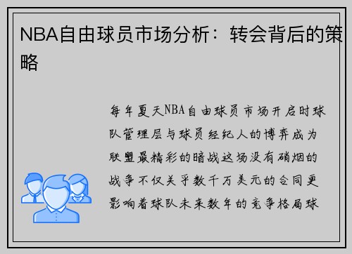 NBA自由球员市场分析：转会背后的策略