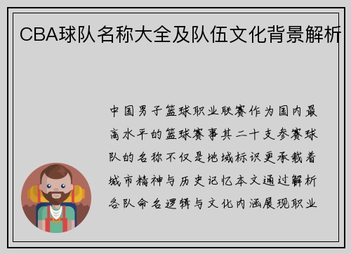 CBA球队名称大全及队伍文化背景解析